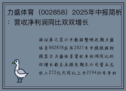 力盛体育(002858)2025年中报简析:营收净利润同比双双增长 力盛体育(002858)2025年中报简析:营收净利润同比双双增长